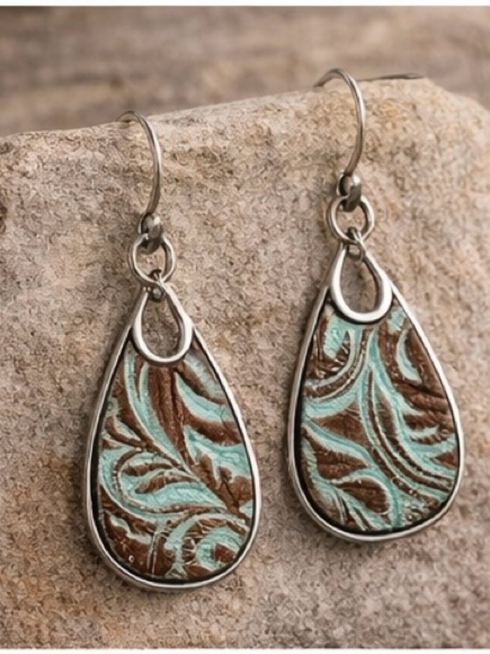 Patricia Nash Turquoise Tooled Leather Teardrop Earrings Western Boho Statement